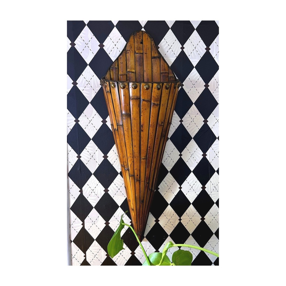 Vintage Oversized 3Ft Bamboo Wall Pocket Planter 36" Boho Botanical Decor